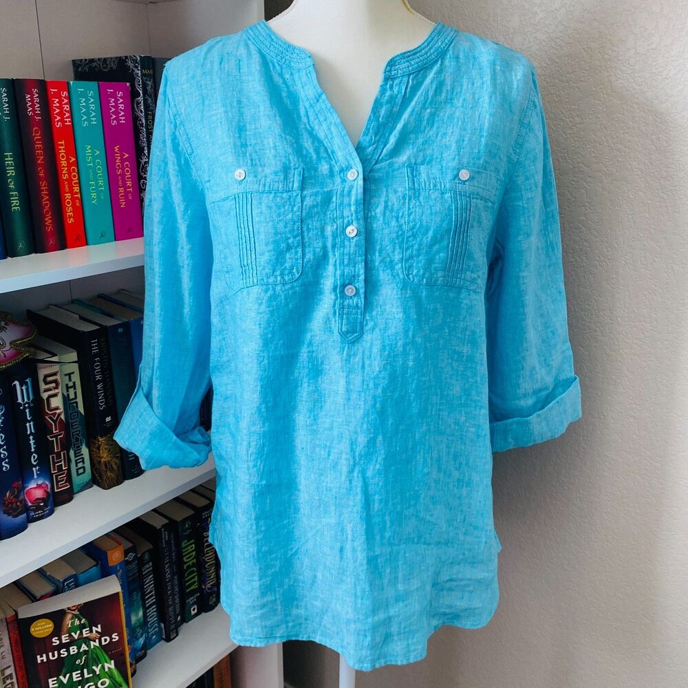 Talbots Turquoise Button‑Front Casual Top 100% Linen Shirt Size Medium